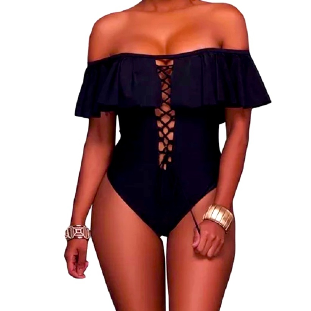 Black Ruffle Lace Up Swimsuit